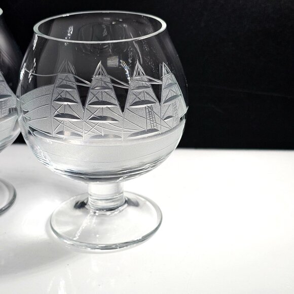 2 Toscany Clipper Ship Brandy Glasses 3.5" small etched crystal Italy nautical s - Picture 2 of 5